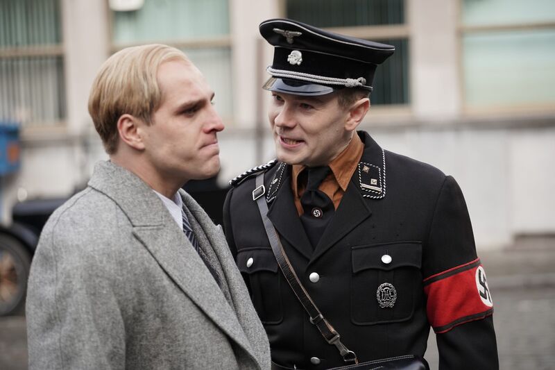 Bonhoeffer film still: Dietrich Bonhoeffer confronted by an SS officer